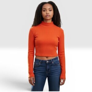 Cotton Candy Women’s Long Sleeve Crop Orange Ribbed Mock Turtleneck Top Size S/M